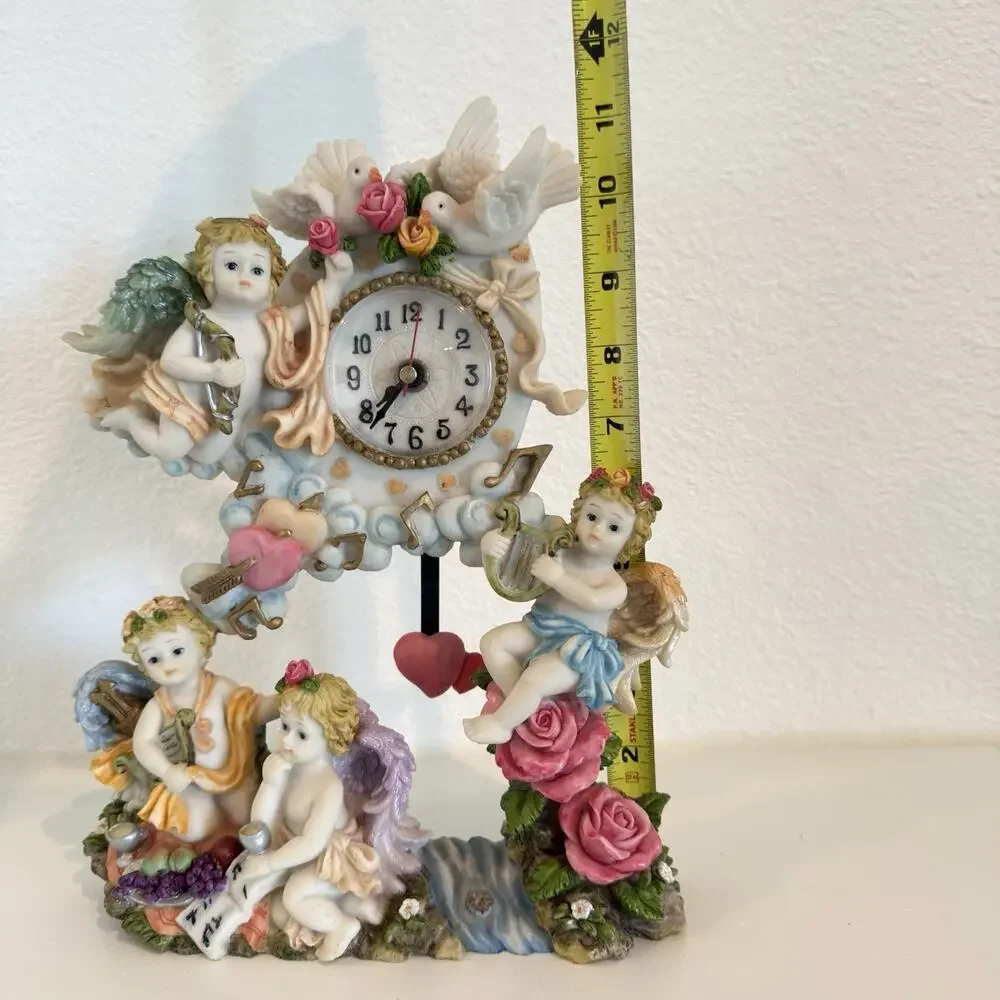Vintage Large Cherub Angel Pendulum Quartz Clock Roses Heart 12” Decor WORKING